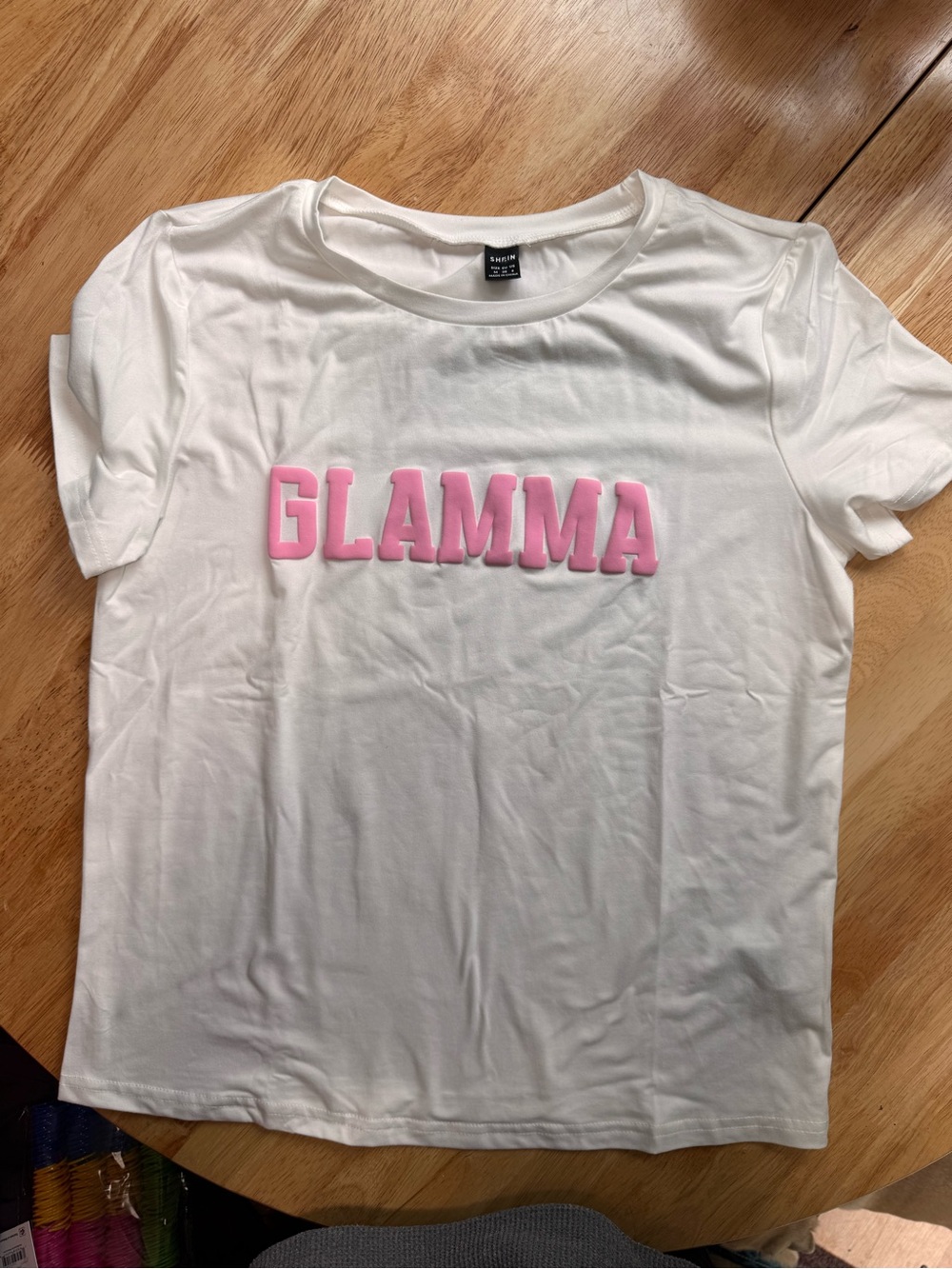SHEIN White Crewneck T-Shirt with Black Label tiny stain GLAMMA grandma
